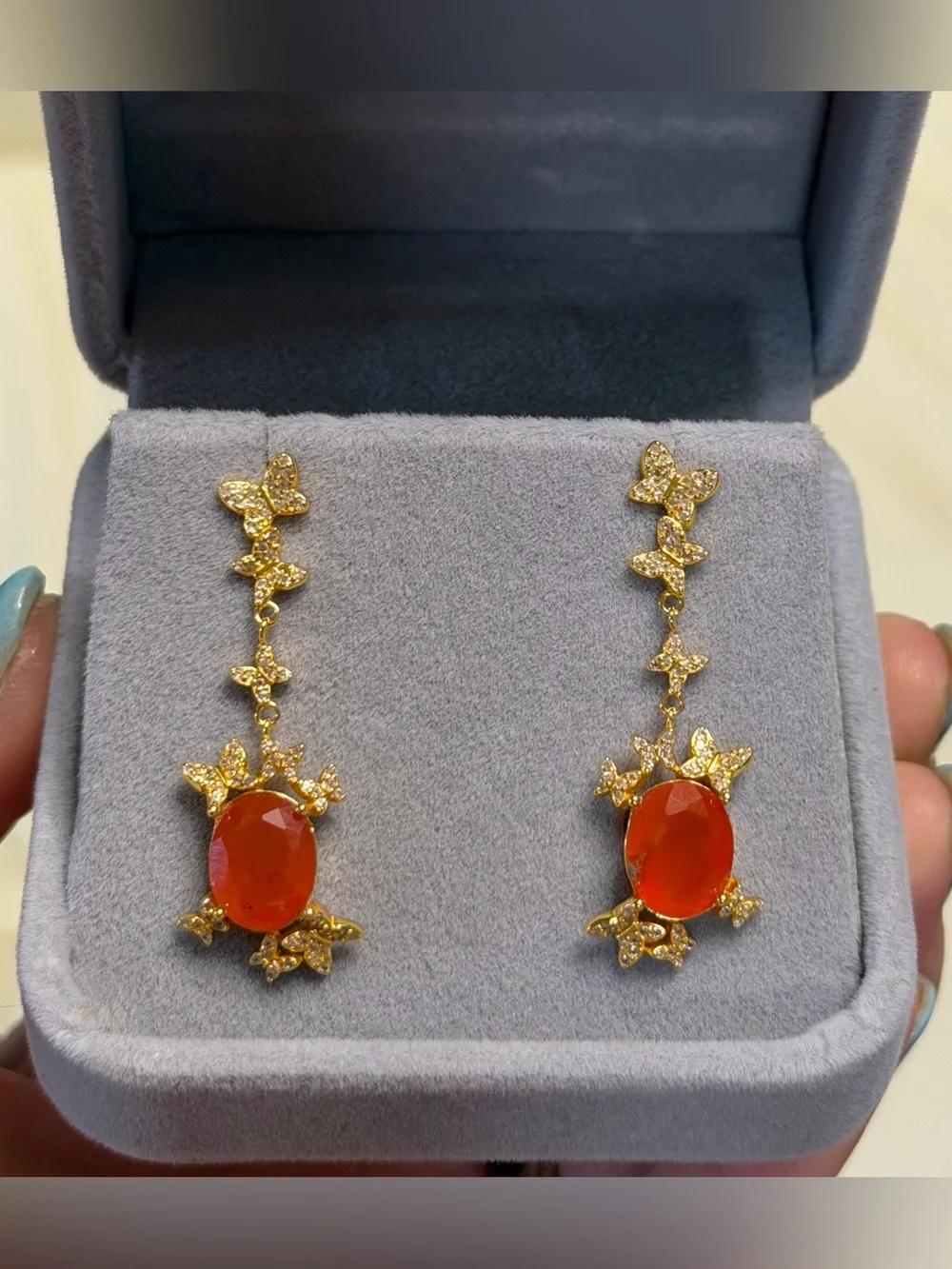 Natural Carnelian 3CT w/ Zircon in 18K Yellow Gold butterfly Dangle Earrings